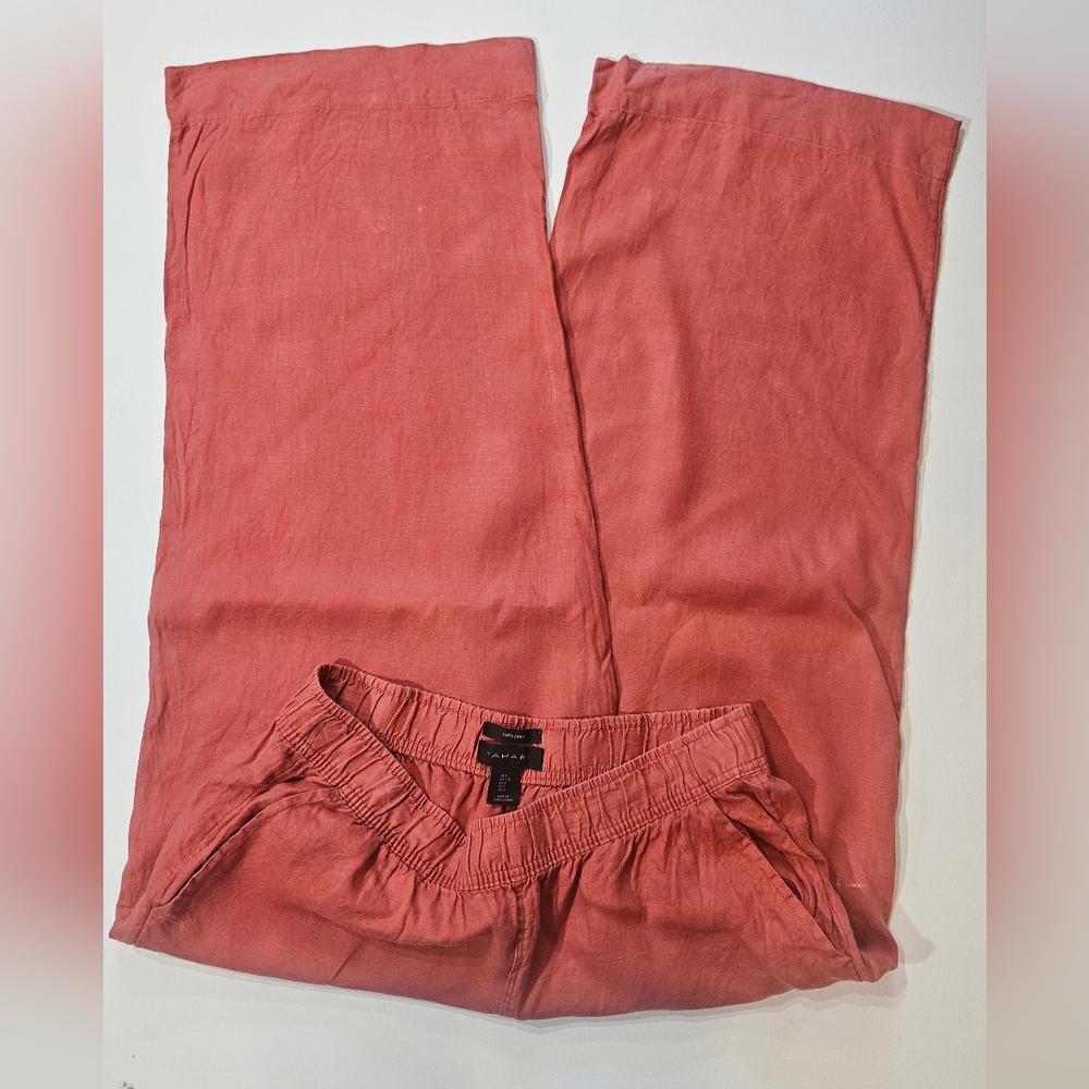 Tahari‎ 100% Linen Pants Womens Large Orange Stretch Waist High Rise Wide Leg - Picture 3 of 7